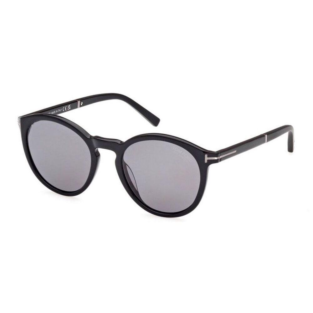 Tom Ford Sunglasses Round Full Rim, Shiny Black Frame and Smoke Polarized Lens